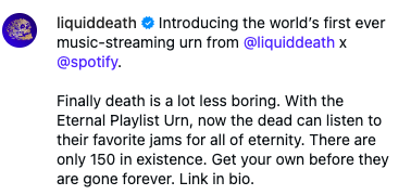 Death less boring - liquid death urn - spotify urn - streaming urn - muziek urn - eternal playlist urn - rememberme